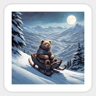 Teddy on a sledge riding down a hill in the snow Sticker